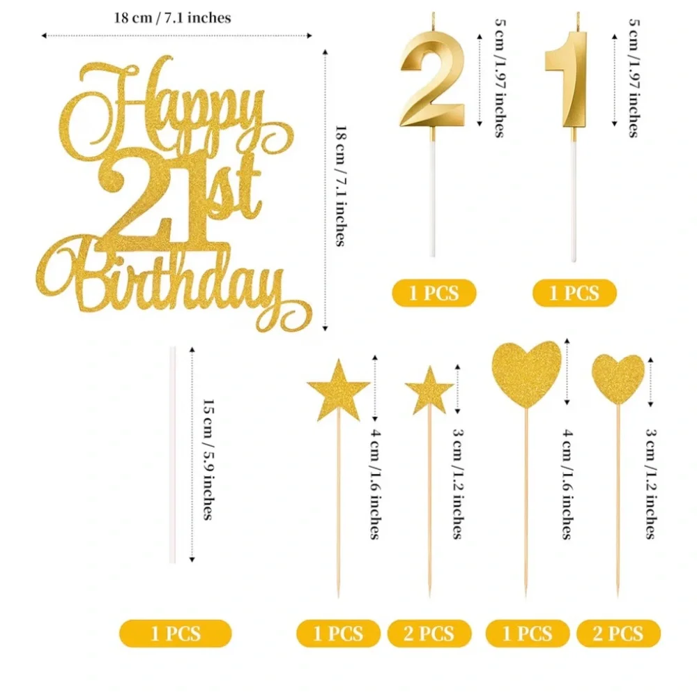 Gold 21st Birthday Cake Topper Set - Party individual Decorations Gold